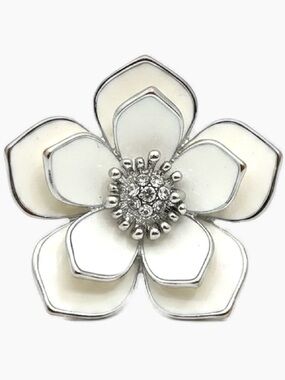 Vintage White Enamel Silver Tone Flower Statement Ring with Rhinestone Center